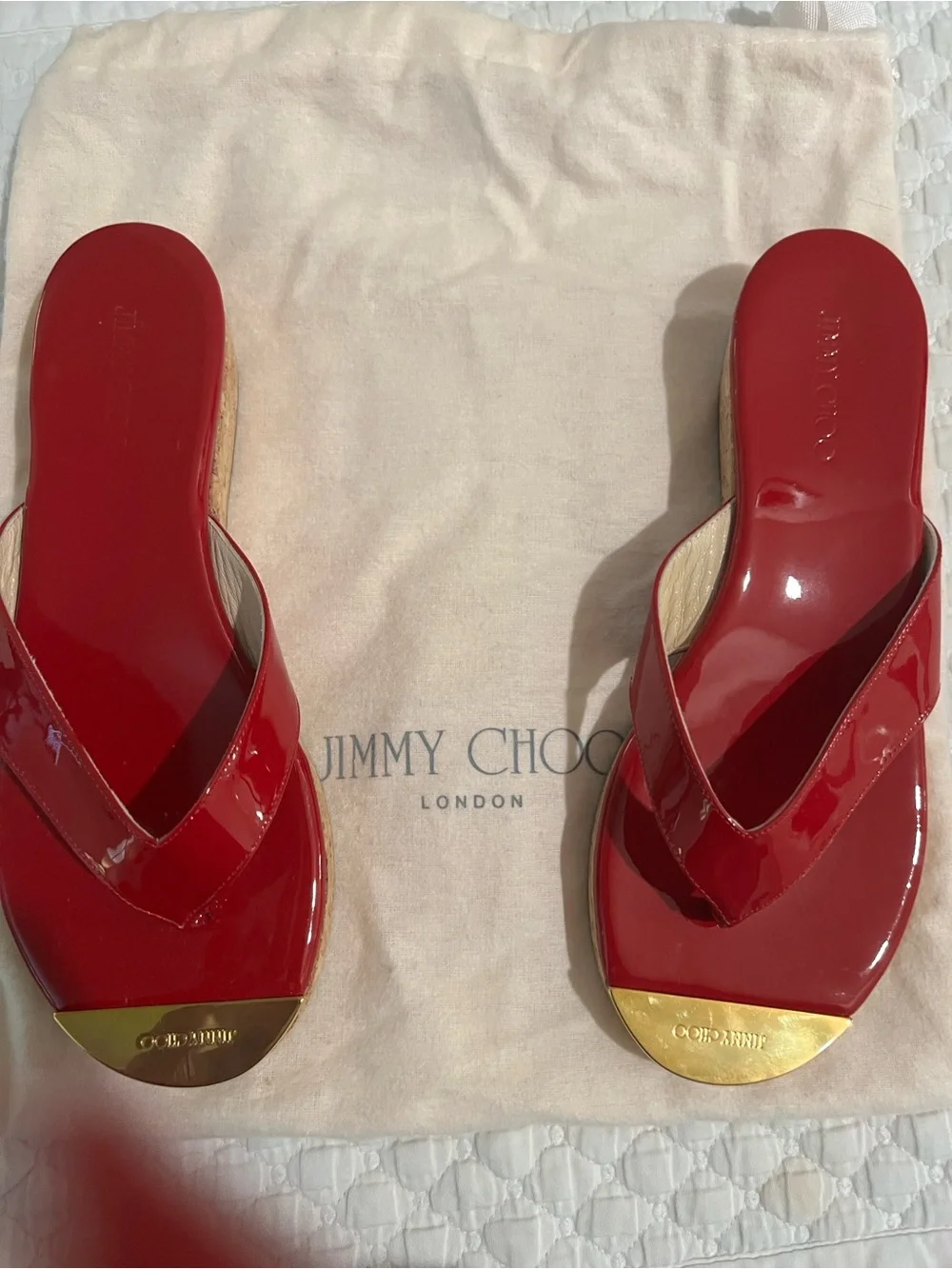 Jimmy Choo Red Patent Cork Wedge Sandals with Gold Accent
